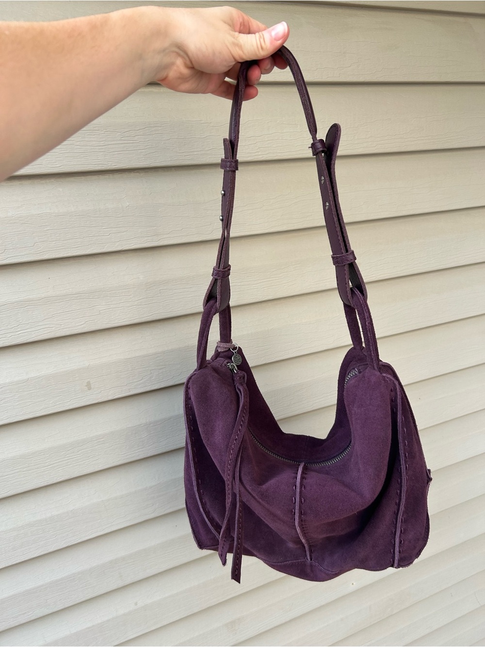 Women’s The Sak Suede Shoulder Hobo Bag in Plum with Fringe Tassels Boho Fall